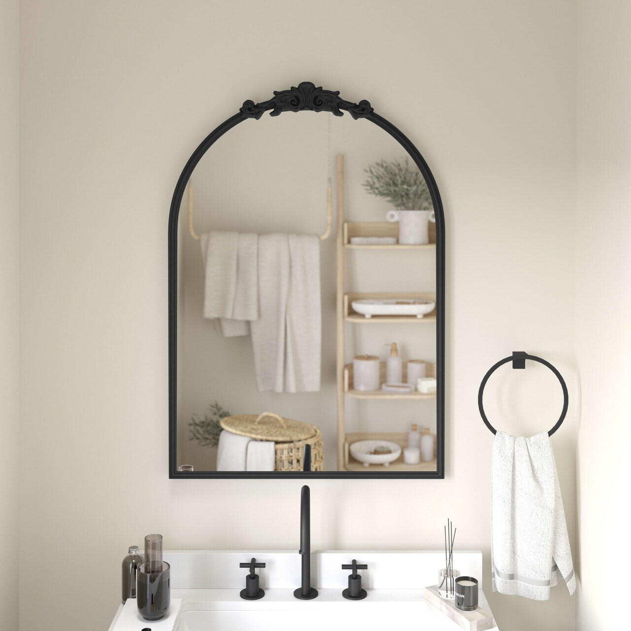 Emma and Oliver Monte Arched Wall Mirror with Baroque Style Detail, and Aluminum Backed Glass for Clarity for Entryways, Bathrooms & More